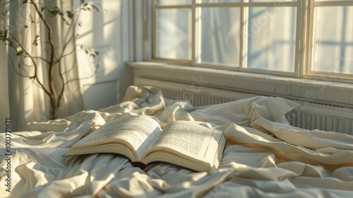 An open book on white cozy bed Relaxation in bedroom Reading and sleep