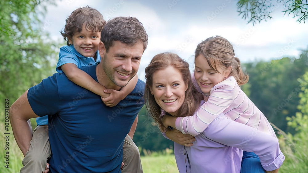 A married couple (husband and wife) ride two small children on their backs, family vacation in nature, A married couple (husband and wife) ride two small children on their backs, family vacation in nature,
