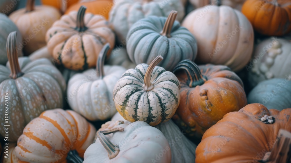 A cluster of pumpkins and gourds in various shapes and colors A cluster of pumpkins and gourds in various shapes and colors