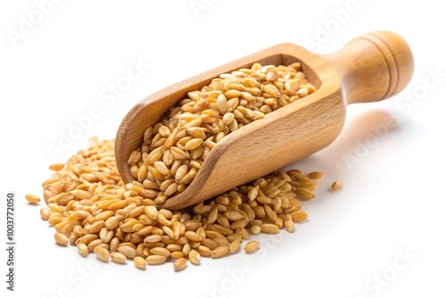 khorasan wheat or kamut triticum turgidum in wooden scoop isolated on white background fisheye photo