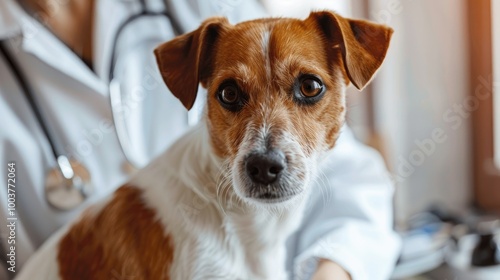 Domestic terrier dog at the veterinarian visit photo