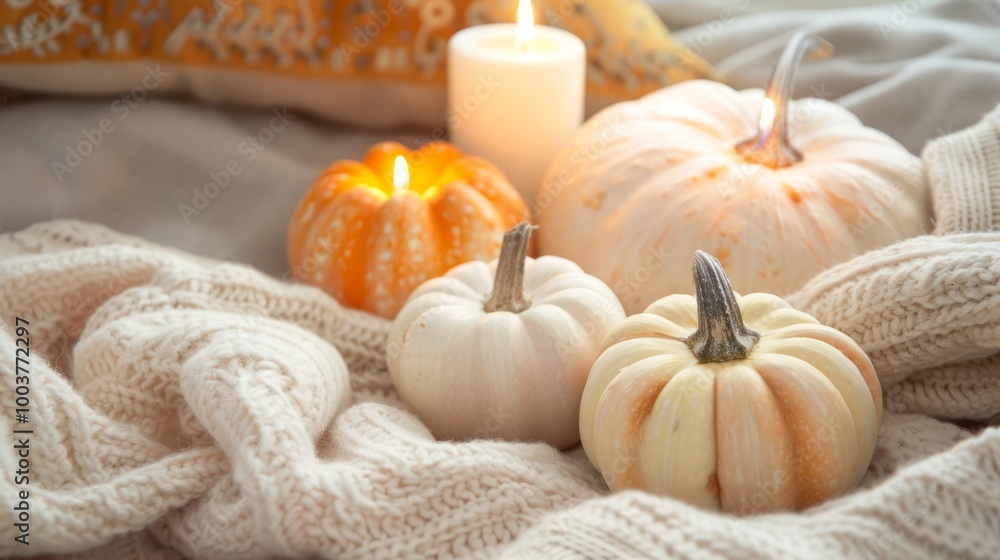 An arrangement of white and orange pumpkins in a cozy, candle-lit setting