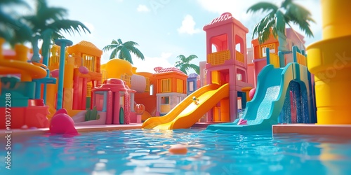 Wallpaper Mural A colorful water park with slides, palm trees and a pool. Torontodigital.ca