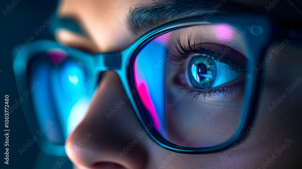 Eye Care for Prolonged Computer Use: A Person Wearing Blue Light Glasses with Symbol of Healthy Eyes. Eye Care for Prolonged Computer Use: A Person Wearing Blue Light Glasses with Symbol of Healthy Eyes.