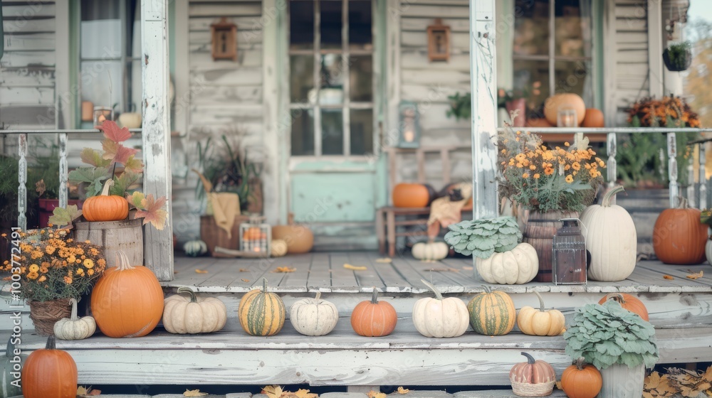 Fototapeta premium A rustic farmhouse porch decorated with pumpkins of various sizes and colors