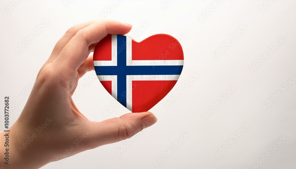 Naklejka premium 手で持っているノルウェーの国旗のハート(Heart of Norway flag held in hand.)