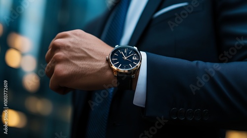 Stylish man wearing a luxury watch, showcasing elegance and professionalism in an urban setting.