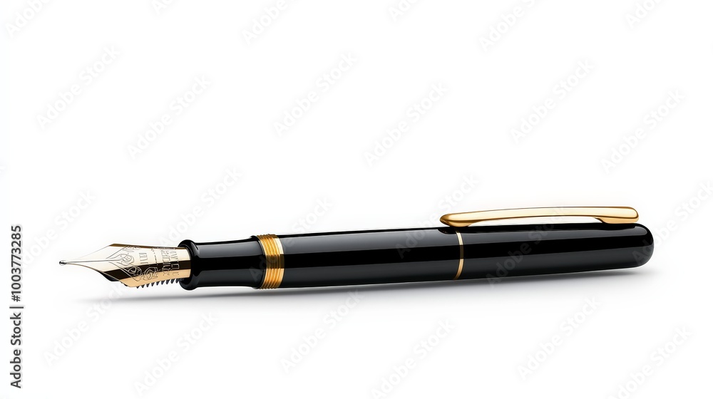 Elegant Black and Gold Fountain Pen: A classic fountain pen with a black body and gold accents lies on a surface. Elegant Black and Gold Fountain Pen: A classic fountain pen with a black body and gold accents lies on a surface.