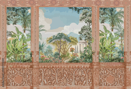Adobe Illustrator ArtworkTraditional Mughal temple lattice wall peacock tree pattern illustration, Indian Mughal hand drawn floral garden with arch and peacock illustration for invitation