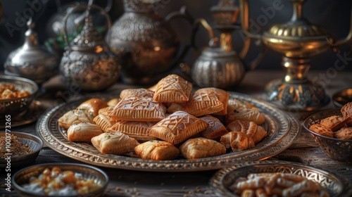 Muslim holiday sweets Moroccan chebakia chak chak and handmade nath Homemade Muslim sweet baked goods photo