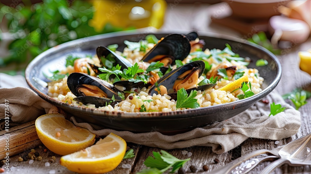 Mediterranean dish risotto pilaf with mussels in a plate with lemon slices and parsley close up Italian Greek Moroccan cuisine Mediterranean dish risotto pilaf with mussels in a plate with lemon slices and parsley close up Italian Greek Moroccan cuisine
