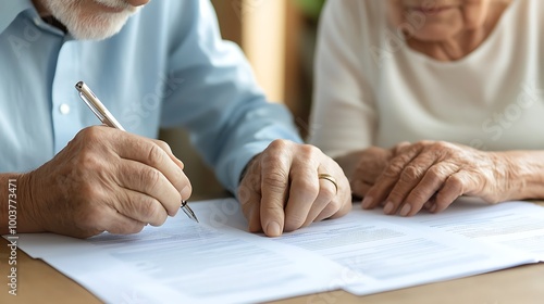 Elderly couple signing documents at home with focus on papers
