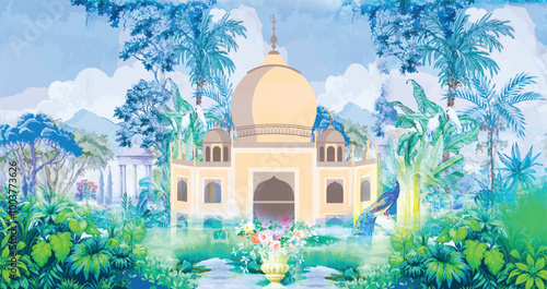 Adobe Illustrator ArtworkTraditional Mughal temple lattice wall peacock tree pattern illustration, Indian Mughal hand drawn floral garden with arch and peacock illustration for invitation