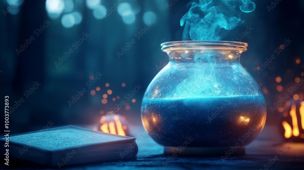 Potion swirling in a cauldron, glowing mist rising, surrounded by spellbooks and glowing runes, with a dark forest Halloween backdrop Potion swirling in a cauldron, glowing mist rising, surrounded by spellbooks and glowing runes, with a dark forest Halloween backdrop