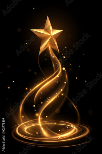 Golden star with light effect on black background
