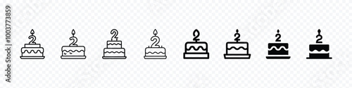 Two year Celebration Events cake icon, Cake icon vector set. Outline pie with candles symbol, birthday cake icon set, Simple birthday cake icon, Birthday cake icon set