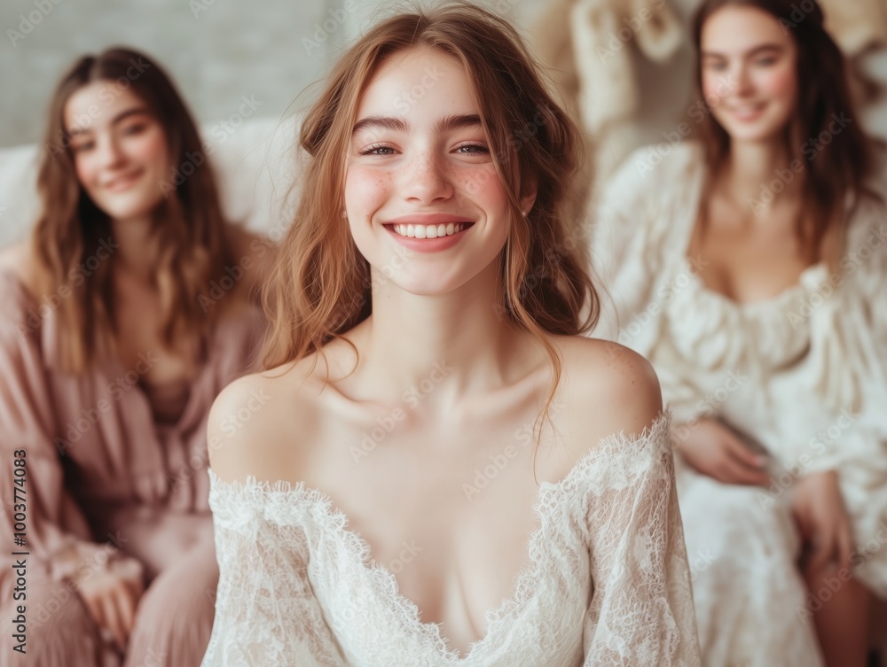Young bride with her bridesmaids. Women rejoicing, smiling. Innocent, delicate and informal atmosphere of youth in the shot. Young bride with her bridesmaids. Women rejoicing, smiling. Innocent, delicate and informal atmosphere of youth in the shot.