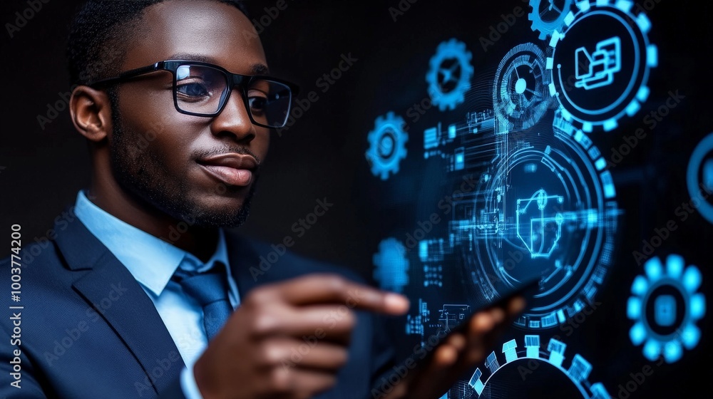 Tech Visionary: A Focused Businessman Navigating Digital Interfaces Tech Visionary: A Focused Businessman Navigating Digital Interfaces