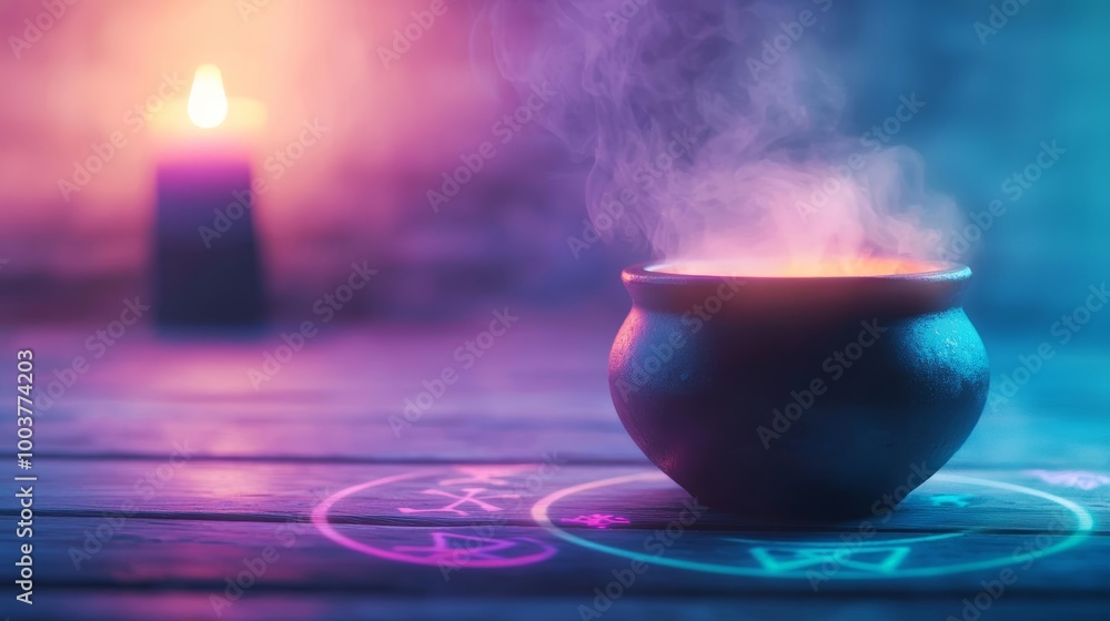 Steaming cauldron filled with colorful swirling potions, illuminated by candlelight, arcane symbols glowing on the floor, witch s silhouette in the background Steaming cauldron filled with colorful swirling potions, illuminated by candlelight, arcane symbols glowing on the floor, witch s silhouette in the background
