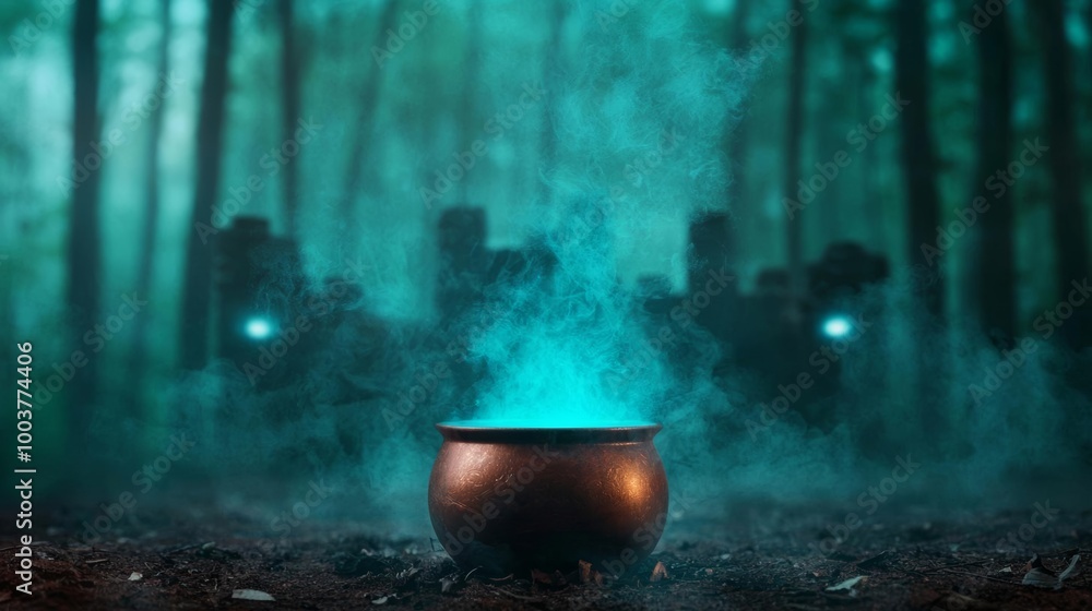 Magical cauldron in a dark, misty forest, potion glowing blue, ancient ruins in the background, glowing eyes peering from the darkness Magical cauldron in a dark, misty forest, potion glowing blue, ancient ruins in the background, glowing eyes peering from the darkness