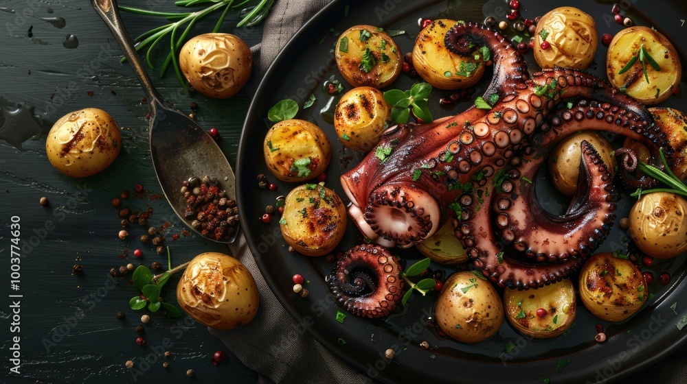 Fototapeta premium Grilled octopus with small potatoes with herbs and spices Top view