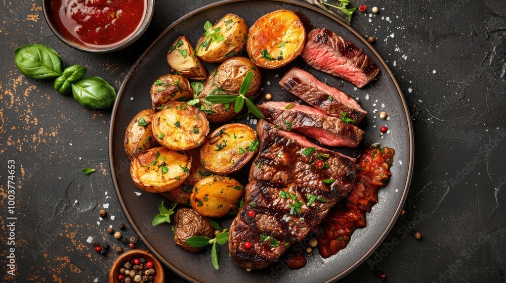 Rib eye steak with roasted potatoes hot tomato garlic sauce and herbs rib eye steak on plate Rib eye steak with roasted potatoes hot tomato garlic sauce and herbs rib eye steak on plate