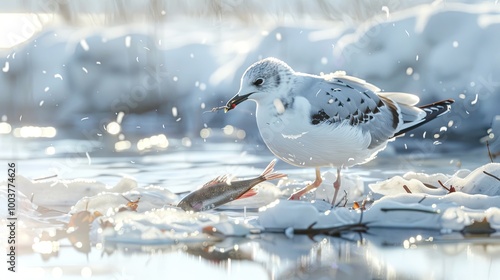 A Black headed Gull in winter plumage has caught a stickle back trapped in the ice of a frozen pond Gulls are quick to exploit new conditions to gain food photo