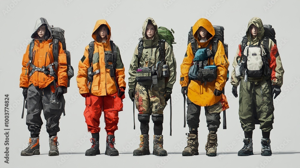 Five Figures in Hooded Jackets and Backpacks Embarking on an Adventure Five Figures in Hooded Jackets and Backpacks Embarking on an Adventure