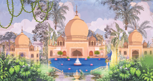 Adobe Illustrator ArtworkTraditional Mughal temple lattice wall peacock tree pattern illustration, Indian Mughal hand drawn floral garden with arch and peacock illustration for invitation