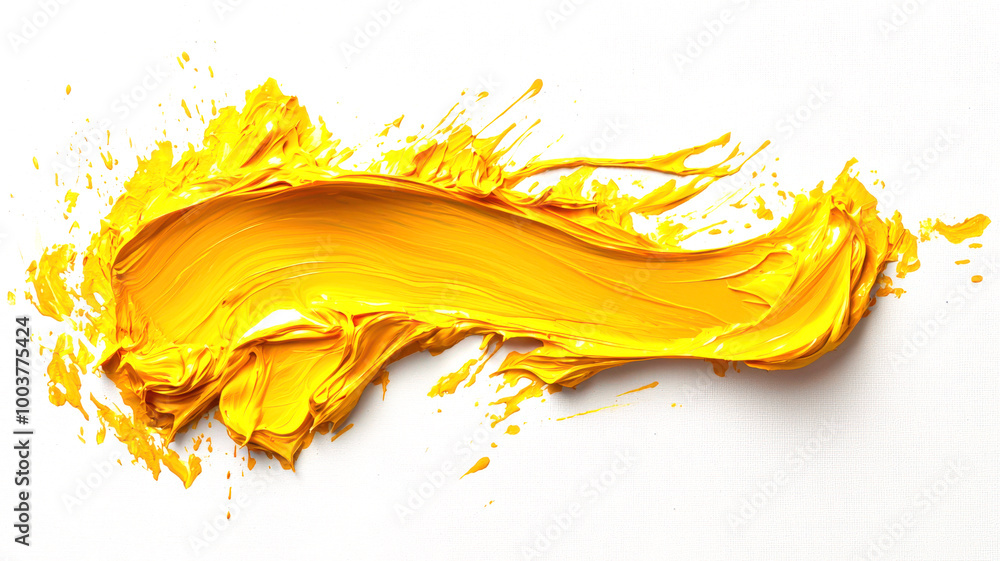 Fototapeta premium A playful textural smear of sunny bright yellow paint on a white background. An element for the design. Splashes of yellow acrylic paint on a white background. The scene is energetic