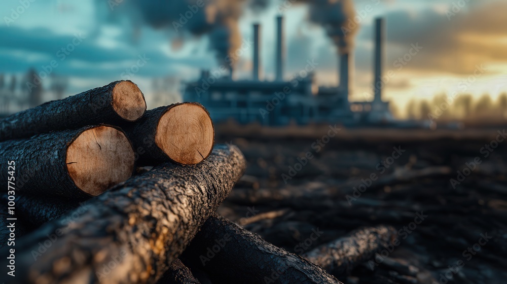 The image depicts logs in the foreground with an industrial setting in the background, featuring smoke from chimneys against a cloudy sky.