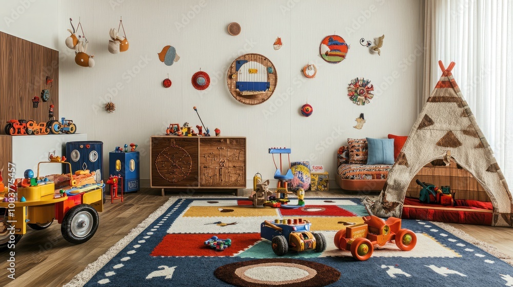 Naklejka premium A stylish eclectic kid's playroom filled with a mix of vintage toys