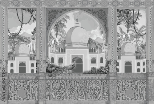 Adobe Illustrator ArtworkTraditional Mughal temple lattice wall peacock tree pattern illustration, Indian Mughal hand drawn floral garden with arch and peacock illustration for invitation