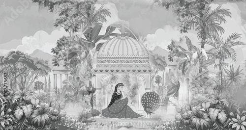 Adobe Illustrator ArtworkTraditional Mughal temple lattice wall peacock tree pattern illustration, Indian Mughal hand drawn floral garden with arch and peacock illustration for invitation