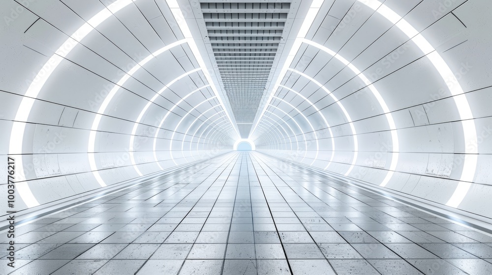 Obraz premium Subway station walkway tunnel Perspective view of empty white tube shaped corridor between platforms Symmetric view of arch shaped underground station underpass aisle