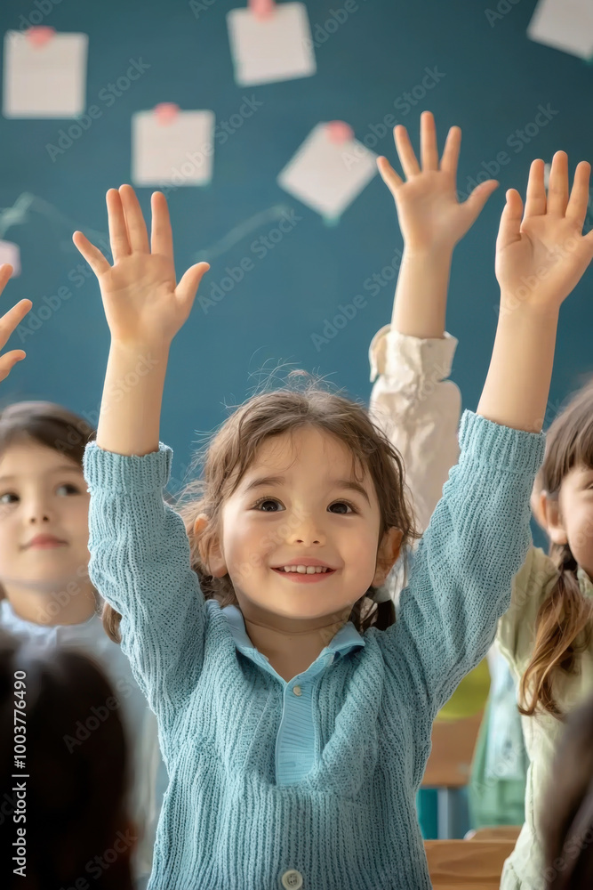 Cute little pupils raising hands during lesson in classroom Cute little pupils raising hands during lesson in classroom
