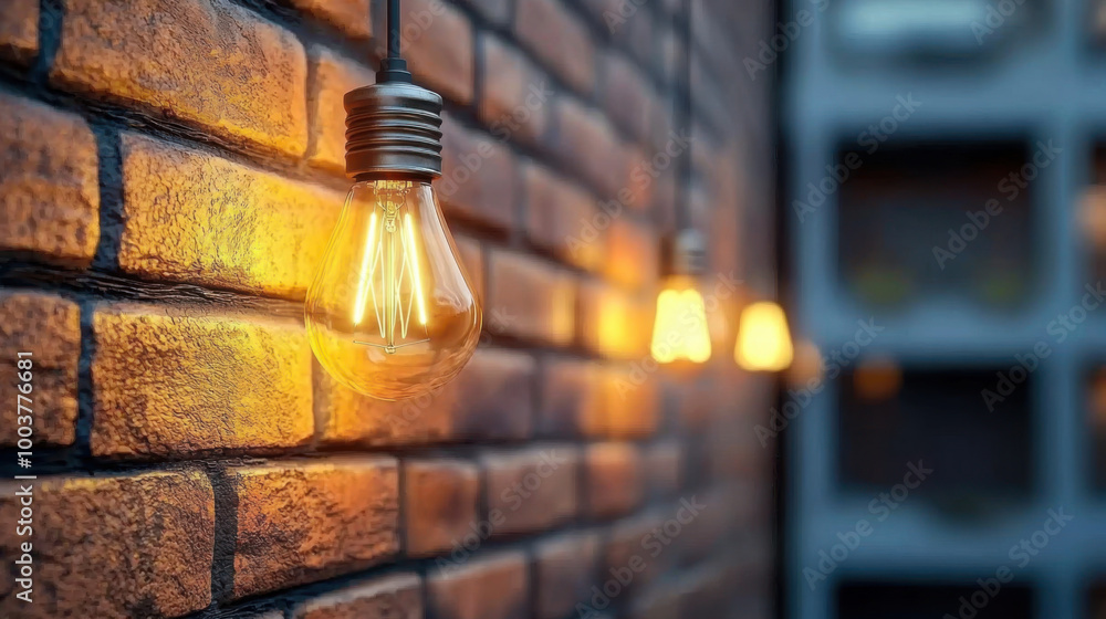 Naklejka premium glowing light bulb hangs against a textured brick wall