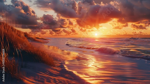 Sunrise over ocean on beach photo