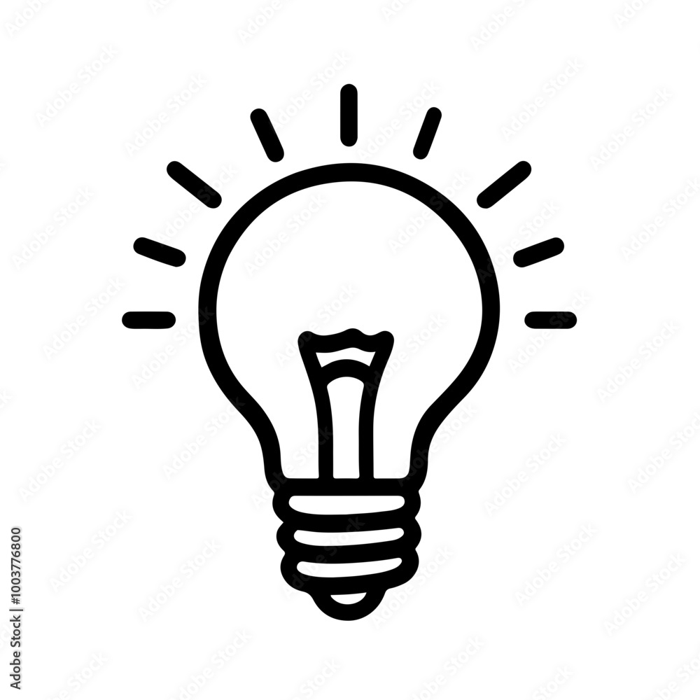 Minimalist black and white vector of a light bulb with glowing rays, symbolizing ideas and creativity. Ideal for educational, design, or tech projects. Minimalist black and white vector of a light bulb with glowing rays, symbolizing ideas and creativity. Ideal for educational, design, or tech projects.