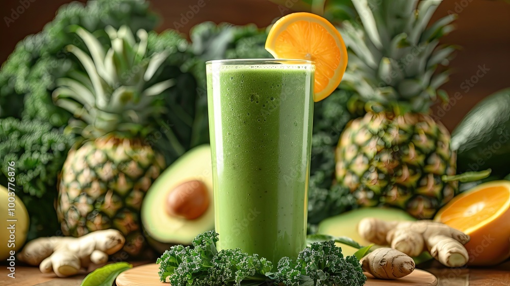 A glass of fresh healthy green kale smoothie with varieties of fruits and herb as avocado pineapple orange ginger A fresh nutrient rich juices helps to improve a digestive with immunity support A glass of fresh healthy green kale smoothie with varieties of fruits and herb as avocado pineapple orange ginger A fresh nutrient rich juices helps to improve a digestive with immunity support