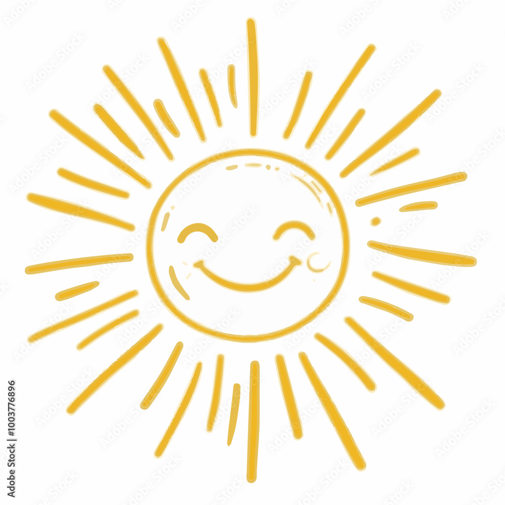 Hand-drawn sun icon with smiley face, ideal for kids' designs, eco-friendly branding, or cheerful summer-themed projects. Hand-drawn sun icon with smiley face, ideal for kids' designs, eco-friendly branding, or cheerful summer-themed projects.