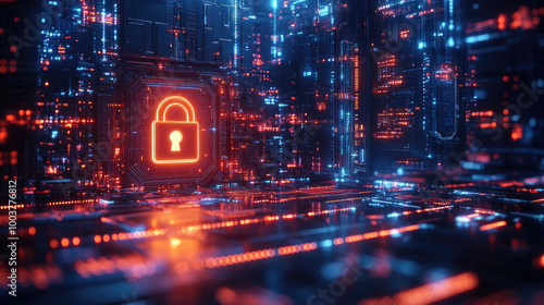 3D rendering of a cybersecurity concept with a digital padlock icon glowing on an abstract, futuristic background. Created with Ai