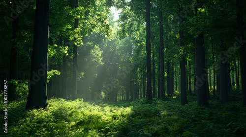 Sunlight filtering through lush green trees in a serene forest setting.