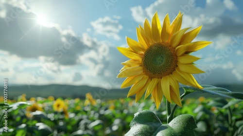 The green yellow sunflower stands on a rural field against a blue sky with clouds Vertical format Close up photo