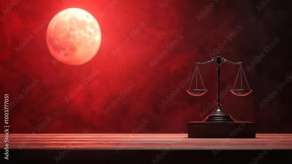A haunting scene featuring a scale of justice against a blood-red moon, symbolizing the balance of law and morality. A haunting scene featuring a scale of justice against a blood-red moon, symbolizing the balance of law and morality.