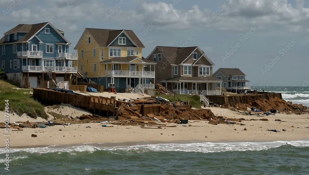A seaside town grappling with severe erosion as homes tumble into the ocean, while residents salvage belongings. A seaside town grappling with severe erosion as homes tumble into the ocean, while residents salvage belongings.