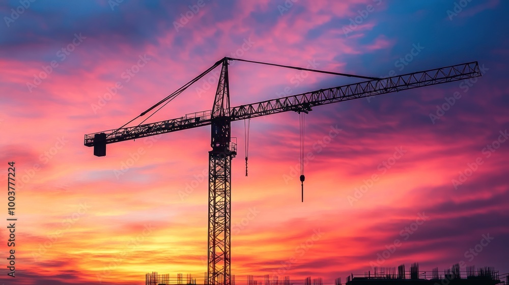 A construction crane silhouetted against a colorful sunset sky. A construction crane silhouetted against a colorful sunset sky.