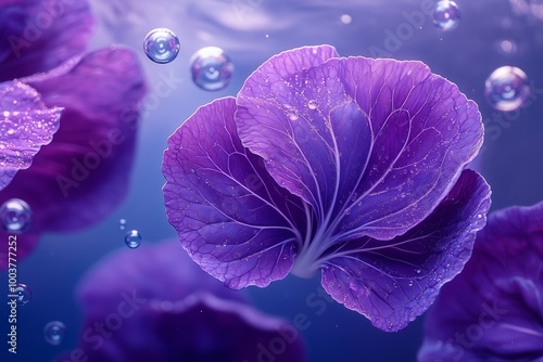 Vibrant purple cabbage leaves floating gracefully in water, surrounded by shimmering bubbles. photo