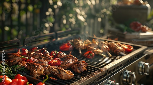 outdoors there is a heated grill and sweet red peppers chicken and lamb steaks are fried on it photo