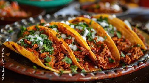 Al pastor street tacos served in an authentic Mexican restaurant Spicy pork tacos topped with cilantro and onion served on corn tortillas photo